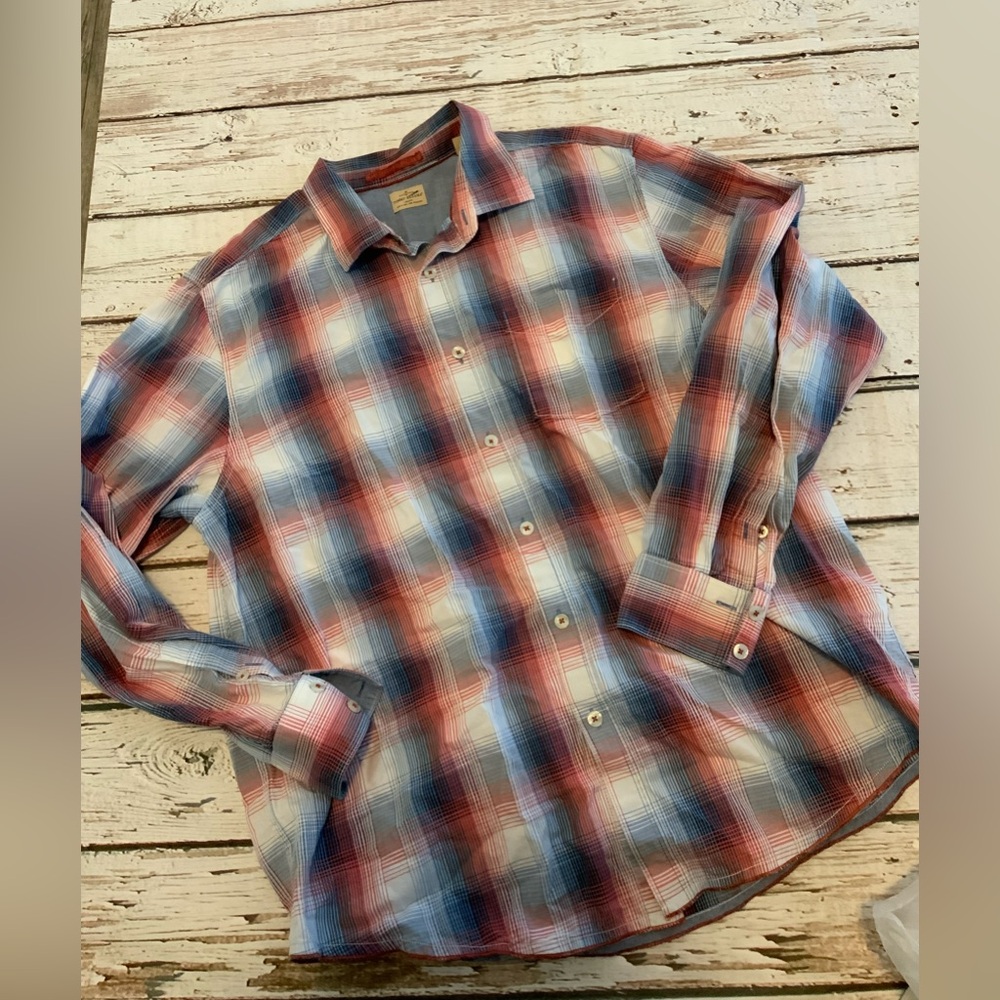 Tommy Bahama XL Plaid Shirt Mens Blue Red Long Sleeve Cotton Casual Button‎ Up